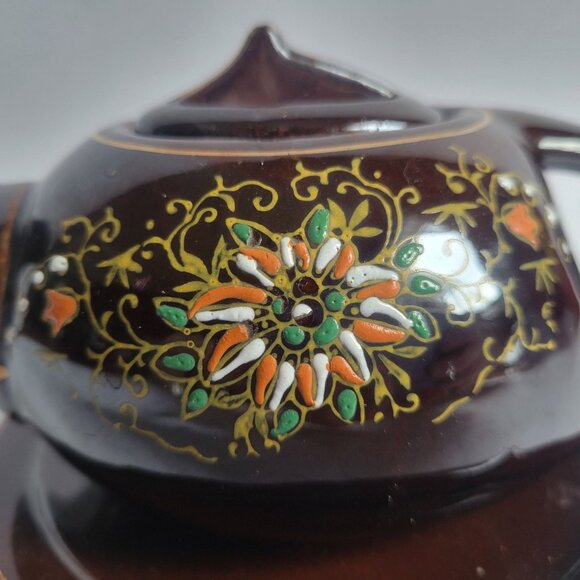 Vintage Brown Ceramic Teapot With Lid & Saucer Hand-Painted Floral & Butterfly D - Picture 2 of 11
